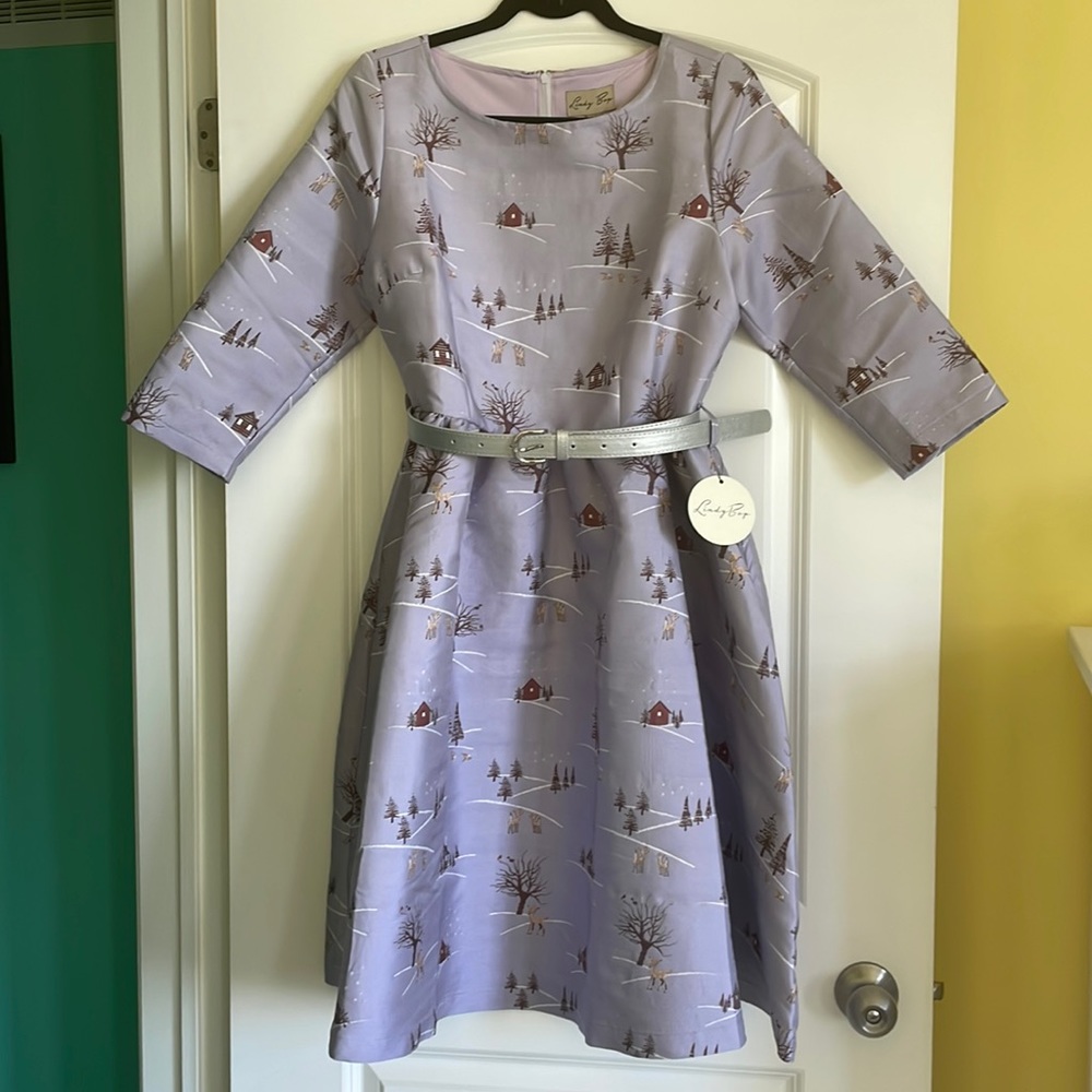 Lindy Bop Vintage “Holly” style winter scene party dress with 3/4 length sleeves